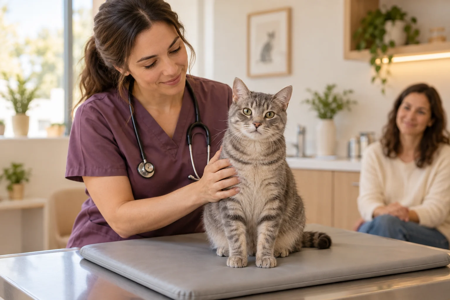 Gato tranquilo sobre uma superfície acolchoada durante atendimento veterinário.