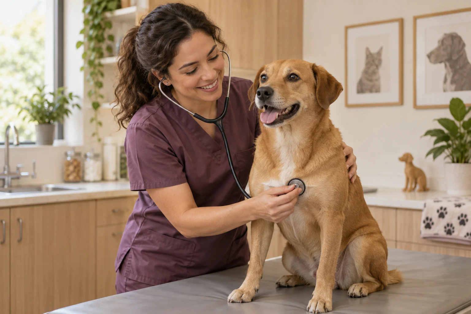 Veterinária examinando com cuidado um cão caramelo em um consultório acolhedor.
